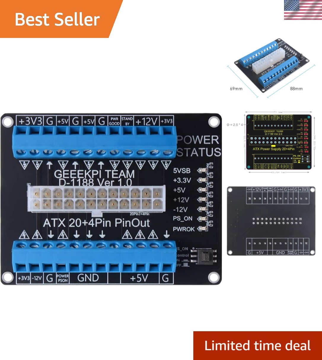 24/20-pin ATX DC Power Supply Breakout Board Module Adapter, Terminal Block B...