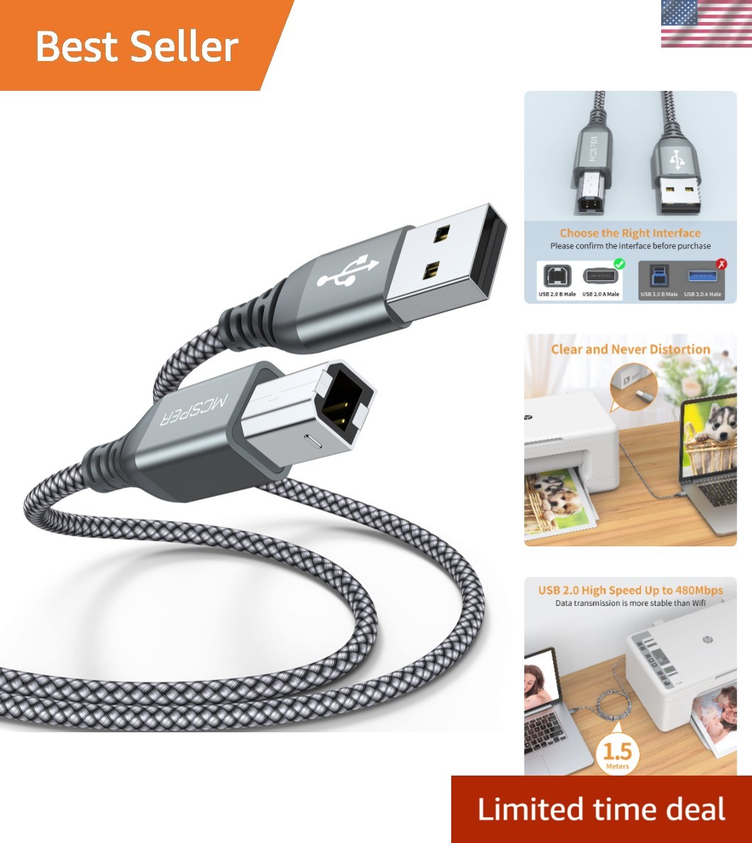 2-Pack Nylon Braided 5FT USB A to B Cable - Fast Connectivity for Printers