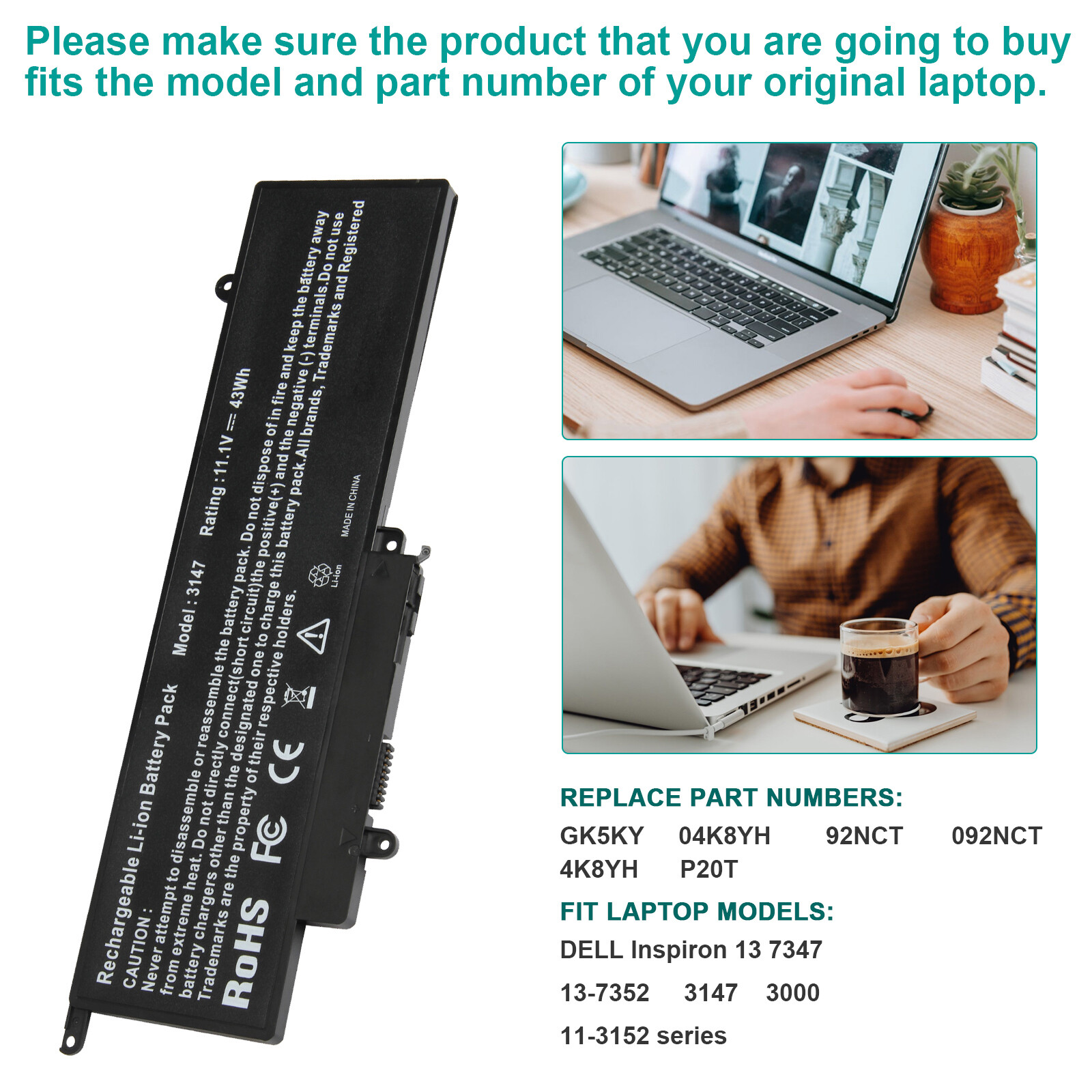 92NCT Battery For Dell Inspiron 13 7347 7348 7352 7353 7359 4K8YH P20T 04K8YH