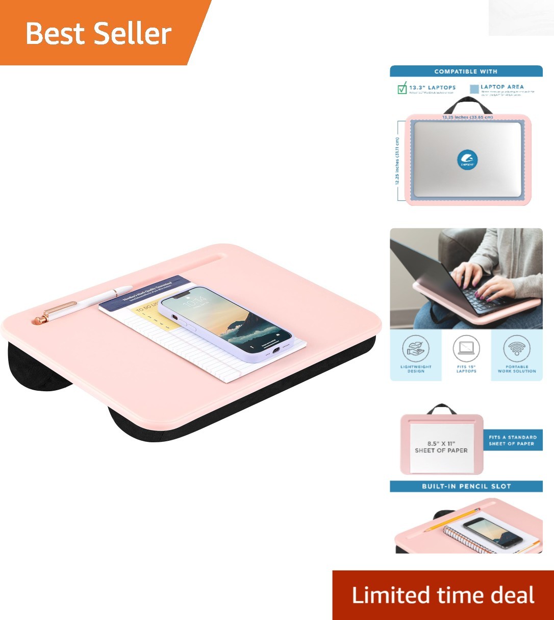 Stylish Rose Quartz Lap Desk - Comfort For 15" Laptops, Portable & Easy Storage