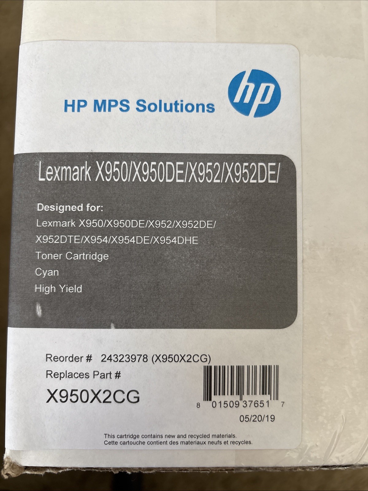Lexmark X950X2CG by HP MPS Solutions Cyan Toner Cartridge X950 X950DE