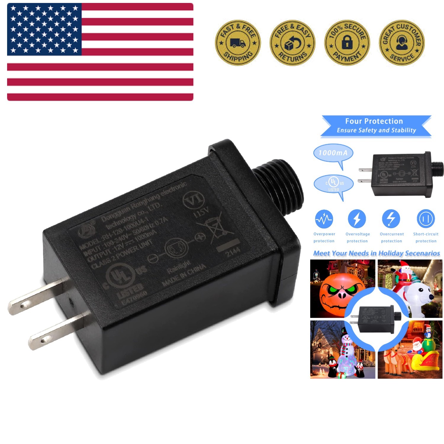 Replacement Christmas Inflatable Plug 1A 12V Class 2 Power Unit, 60hz Waterpr...