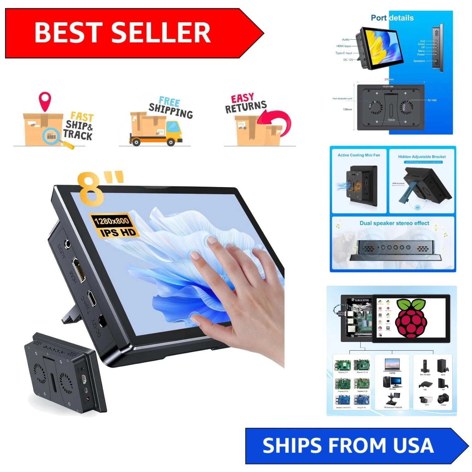 8-Inch 1280x800 IPS Touchscreen Monitor for Raspberry Pi with Dual Speakers