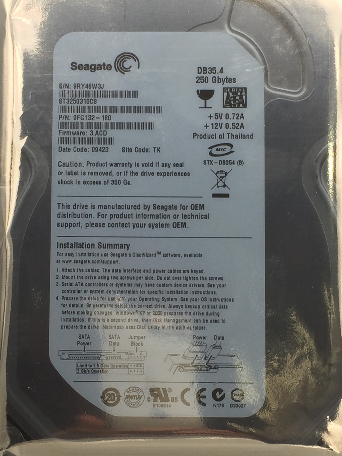 Seagate ST3250310CS Barracuda 250GB 7200 RPM 8MB SATA 3.0Gb/s 3.5" HDD USED