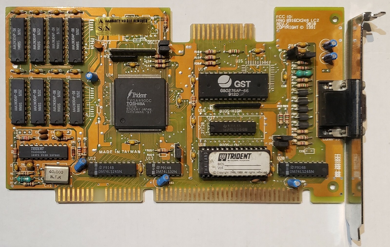 Trident TVGA8900C 1MB 16-bit ISA VGA Adapter HNG8916Cx248 LC2 Rev.C, Refurbished