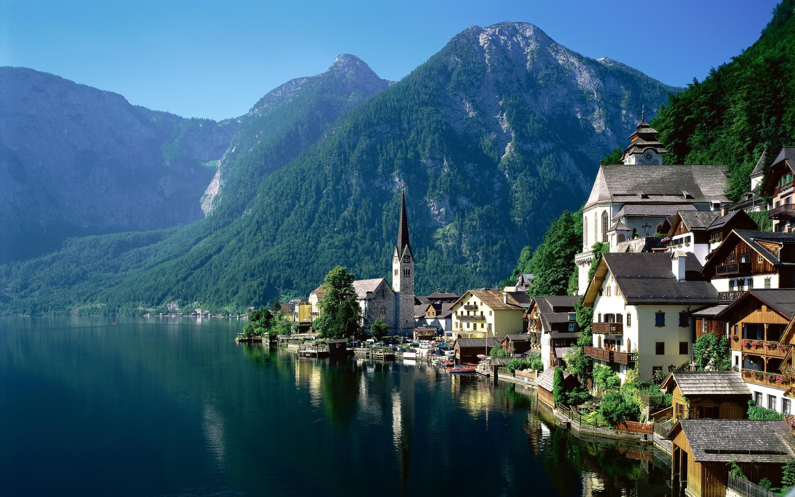 Landscape austria hallstatt lake water mountains market Custom Gaming Mat Desk