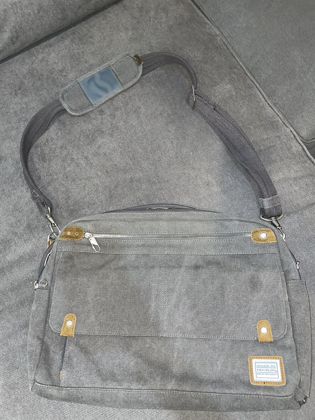 Travelon Large Heavy Duty Canvas Laptop Messenger Bag Brown Shoulder Strap NEW