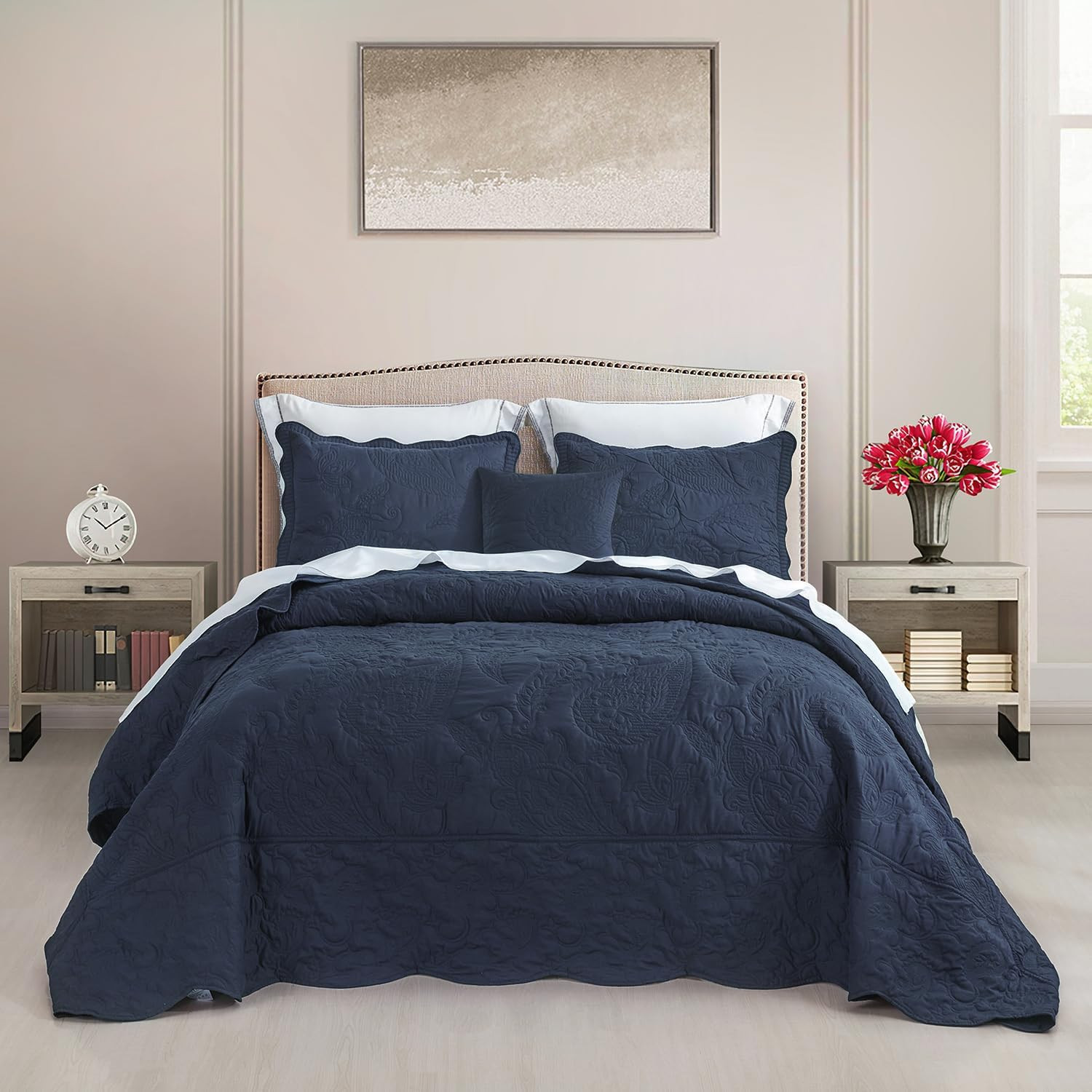 Oversized King Bedspreads 128X120, Stitched Paisley, Polar Night