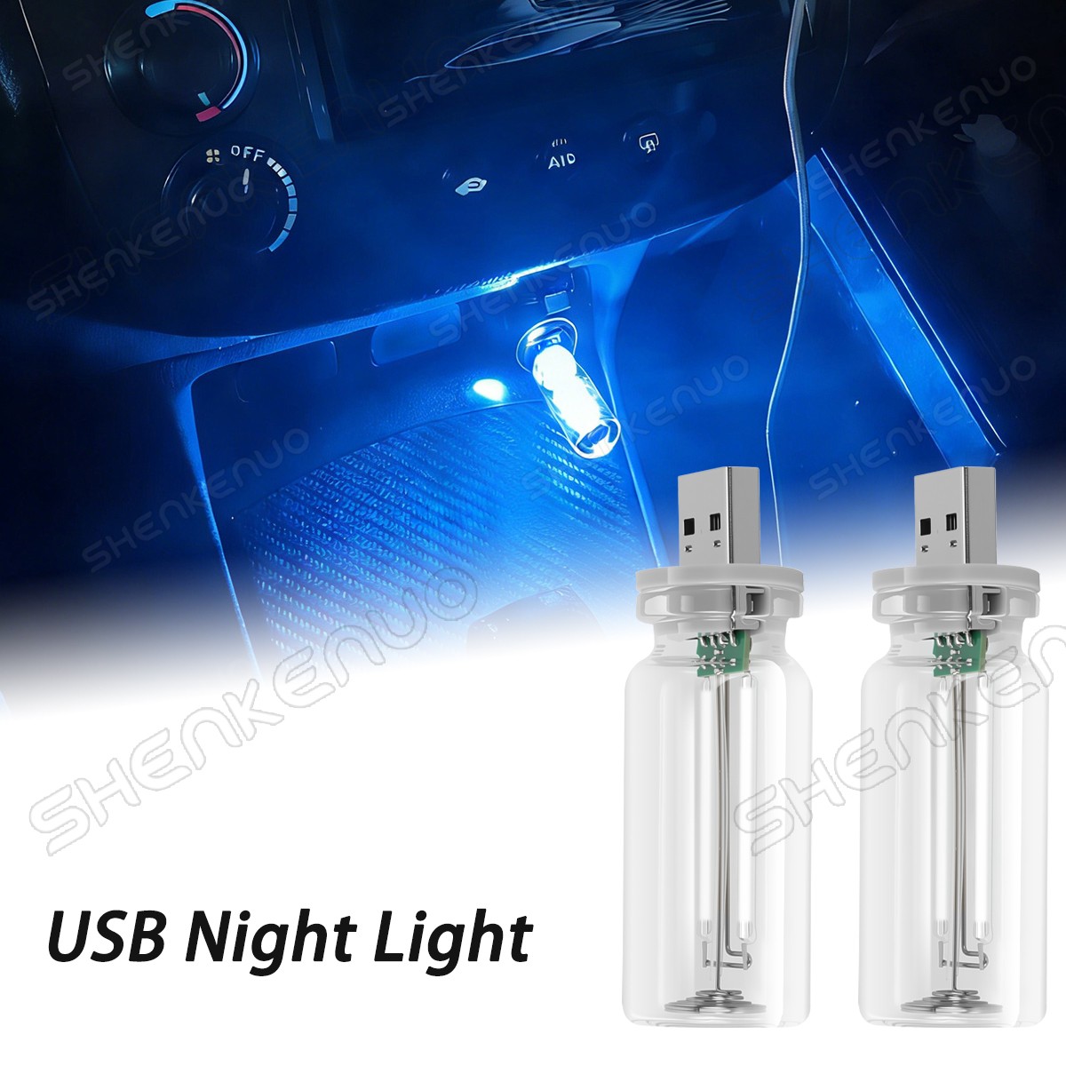 2Pcs Portable USB Night Light Bulb Touch Dimmable Car+Home Interior Ambient Blue