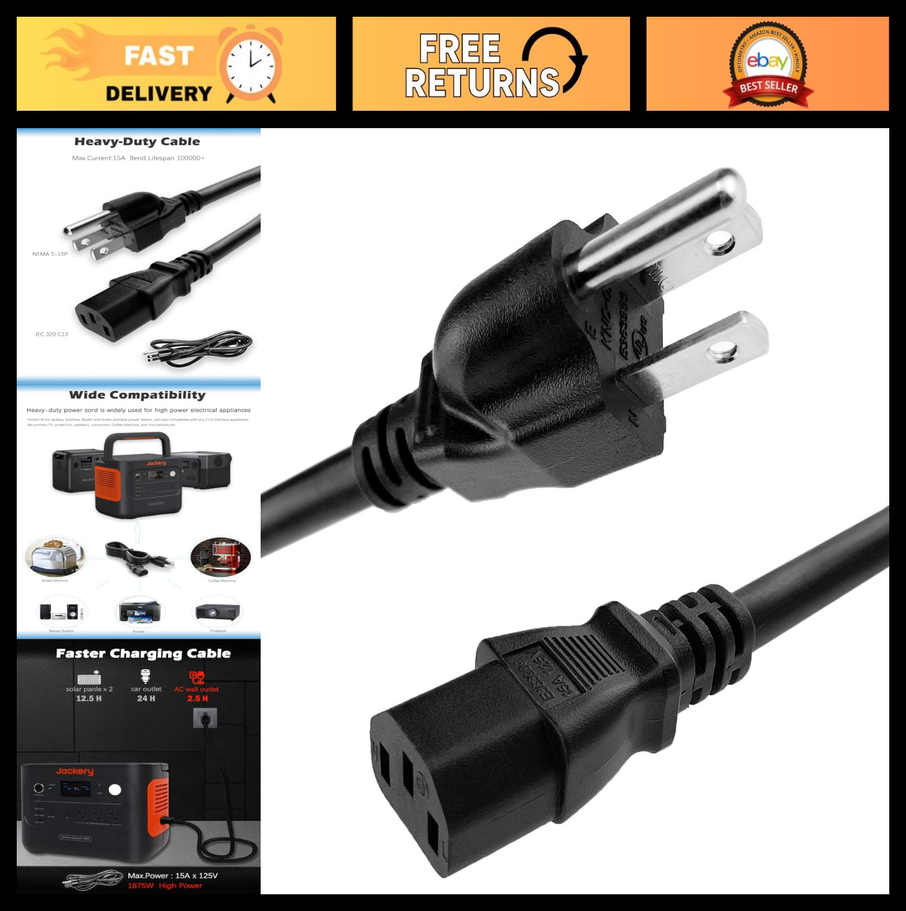 Heavy-Duty 14AWG AC Power Cord 6.5ft - Universal Charging Cable for Power Statio