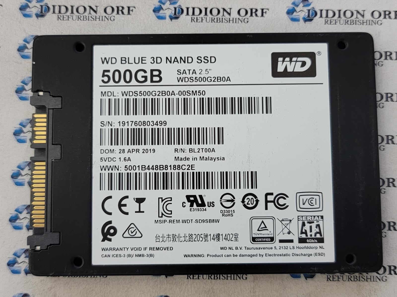 WD BLUE 500GB 2.5" SATA SSD WDS500G2B0A-00SM50 Grade A SKU 6892