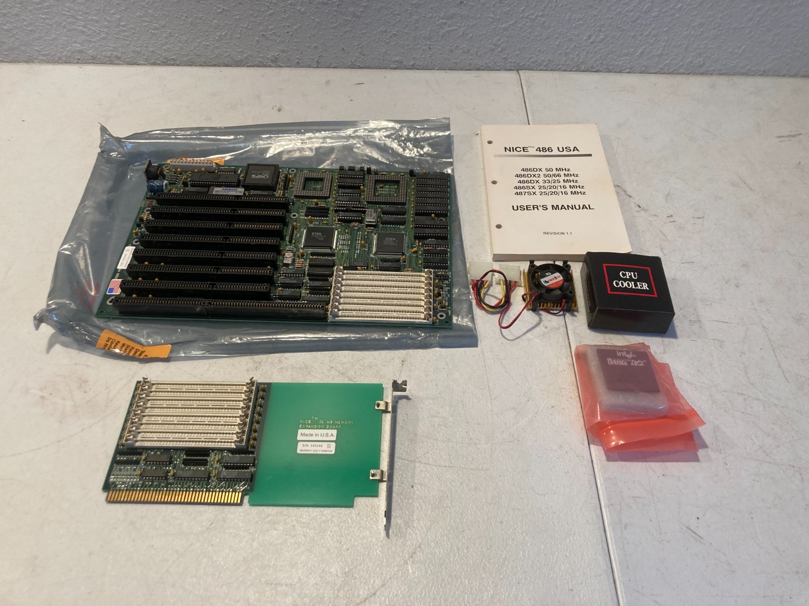 Vintage NICE Plus 486 USA Motherboard Intel i486 DX2 CPU Manual Expansion Card