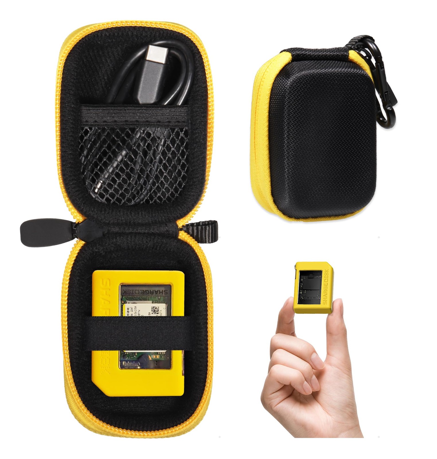 CaseSack Case for SHARGE Disk M.2 NVMe compact small, Black with yellow zip