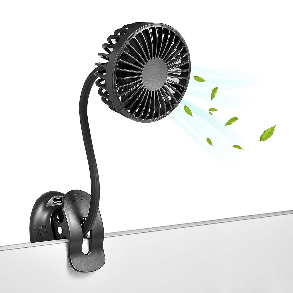 Glovion Clip On USB Mini Desk Fan with Emergency Power Bank, portable, Black