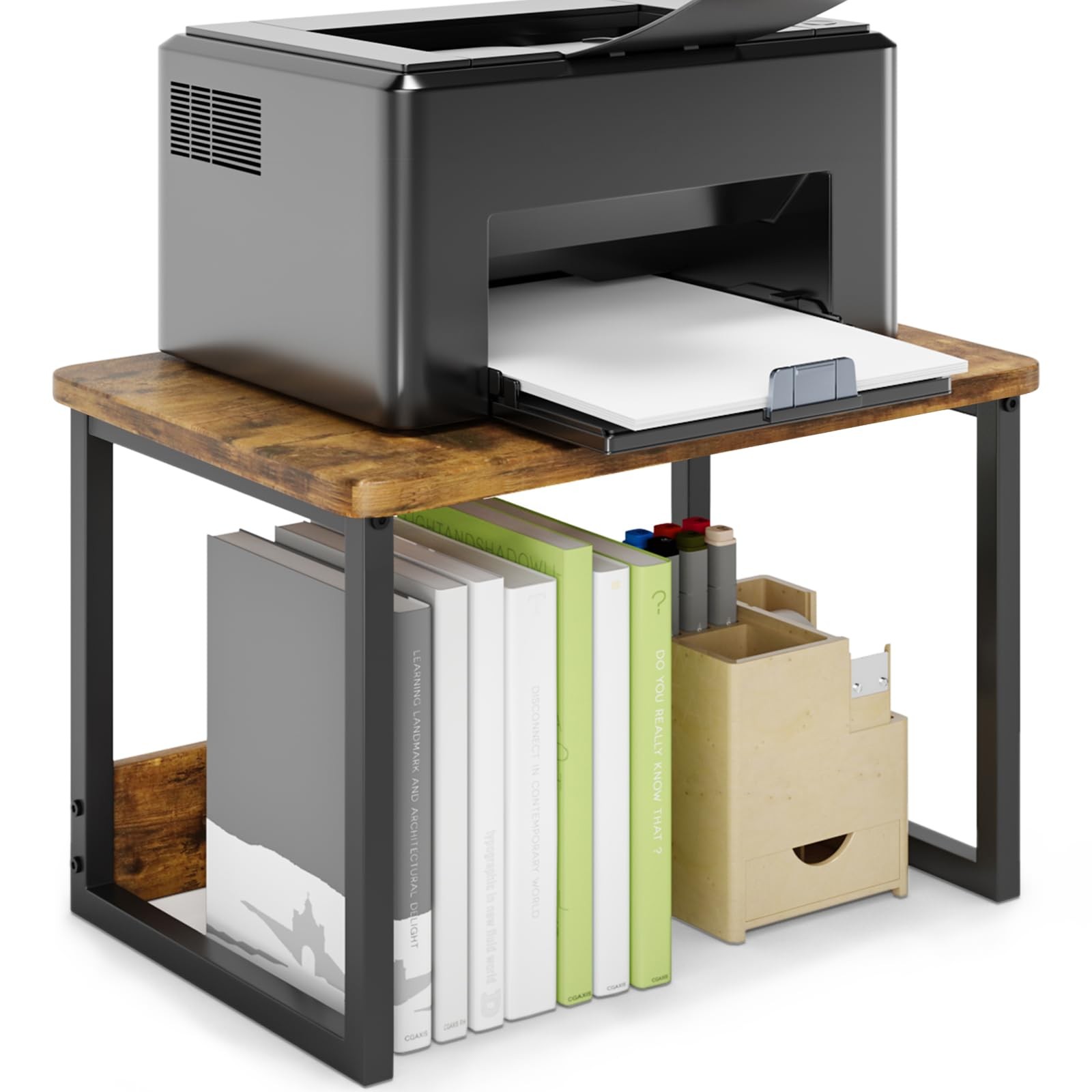 Printer Stand with Storage for Desk, Desktop Printer Stand Shelf Organzier fo...