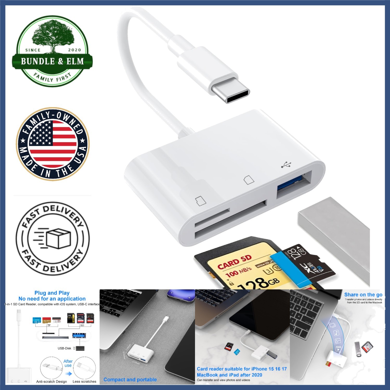 USB C to SD Card Reader, 3-in-1 Memory Card Reader for Photo and Video Transfer
