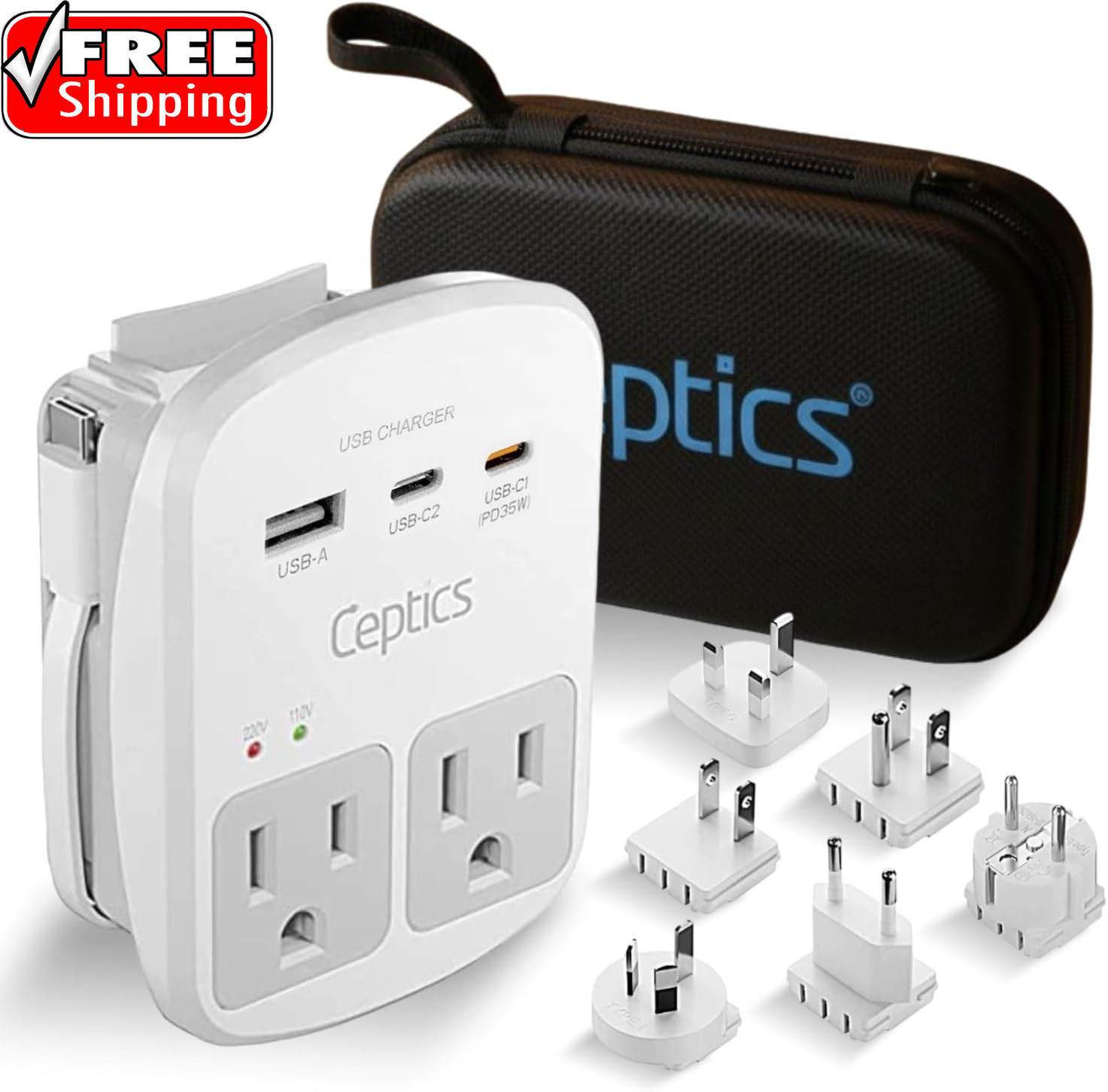 35W Universal Travel Adapter Kit – 2 USA Sockets, USB-A, USBC, 1X PD 35W USB-C a