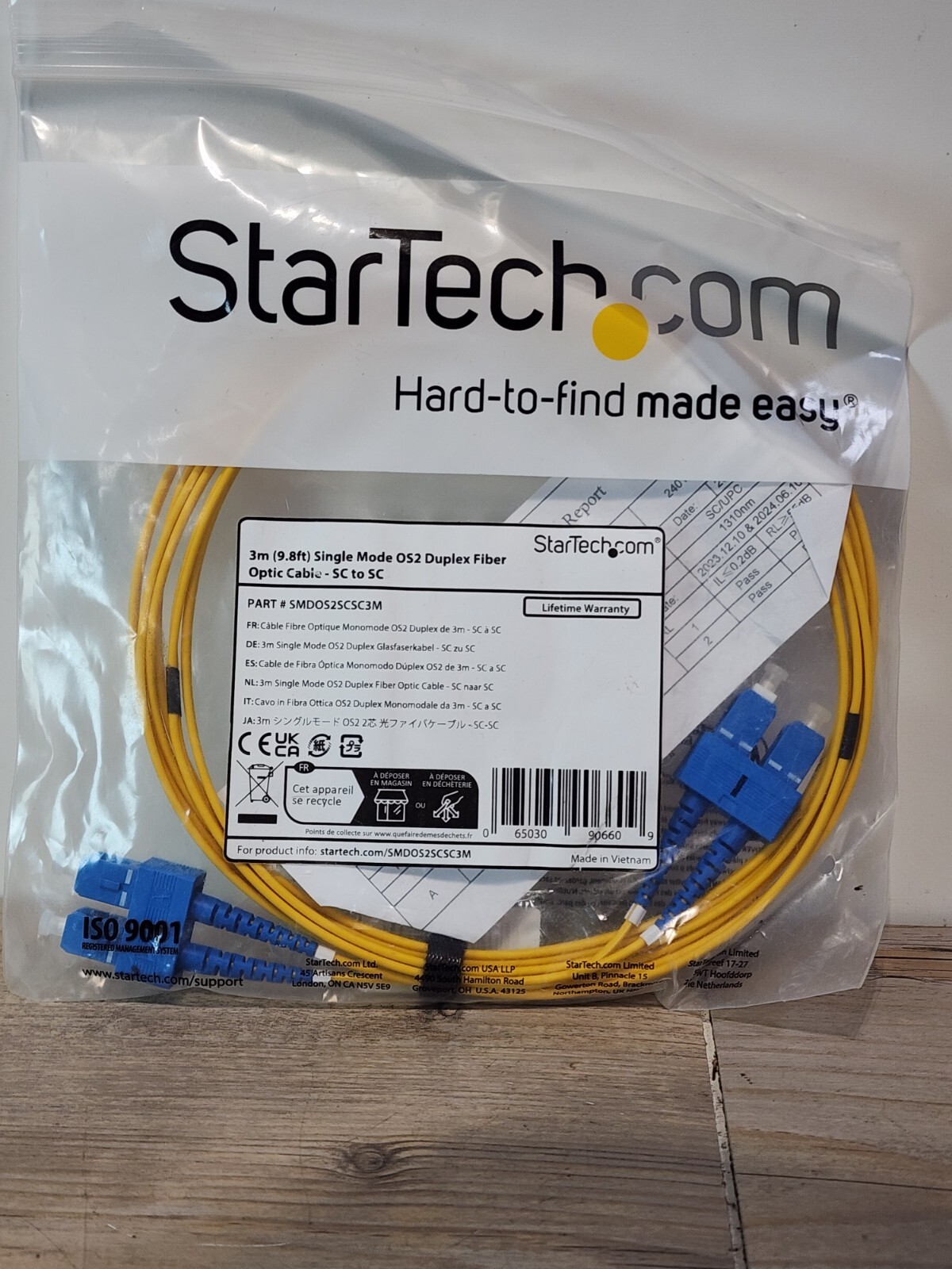 StarTech.com 3m [9.8ft] SC to SC [UPC] OS2 Single Mode Duplex Fiber Optic Cable,