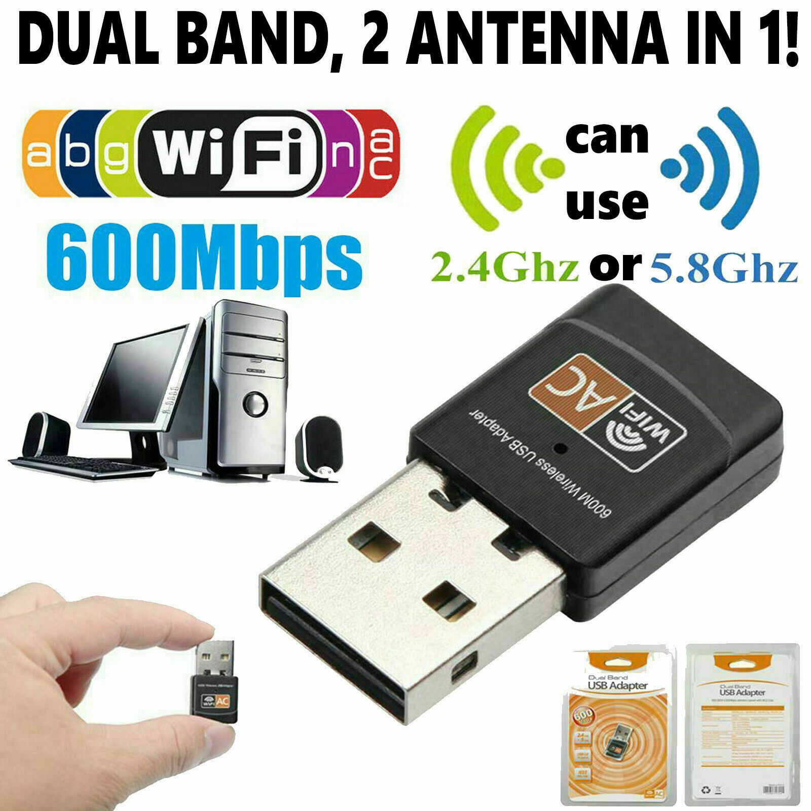 Mini Dual Band 600Mbps USB WiFi Wireless Adapter For Notebook Laptop PC Desktop