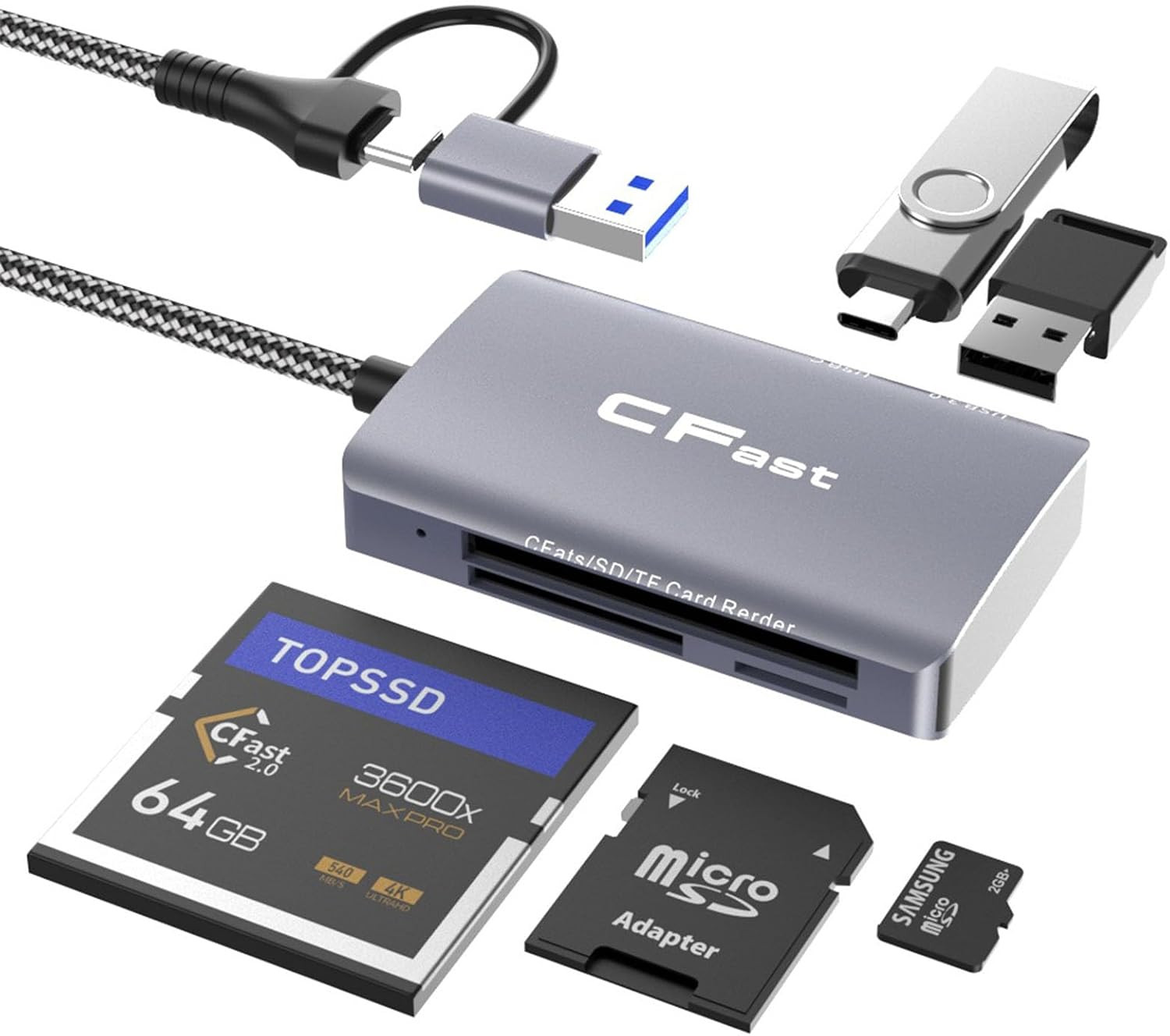 Cfast Card Reader, 5 in 2 Cfast 2.0 SD/TF Memory Card Reader, 5Gbps PD/USB 3.2