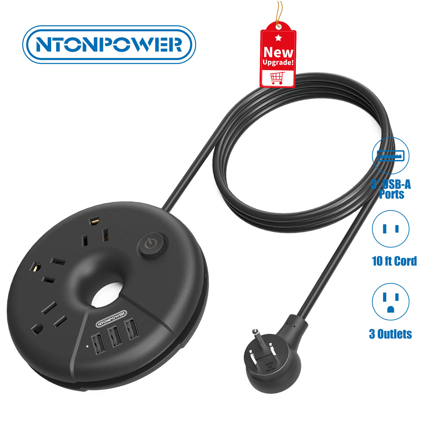 Power Strip with 3Outlets 3USB Charging Station 10ft Extension Cord for Travel