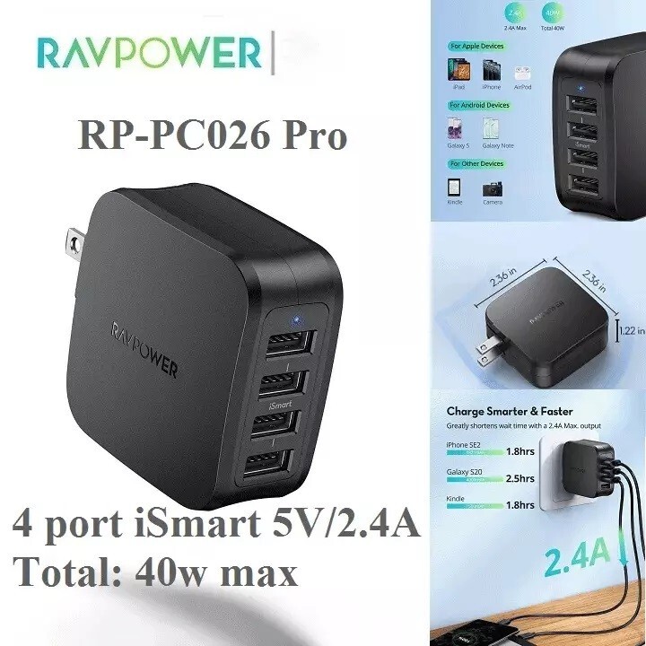 RAVPower 40W 4-Port USB Wall Charger 8A w Fast Charger Adapter Charging Station