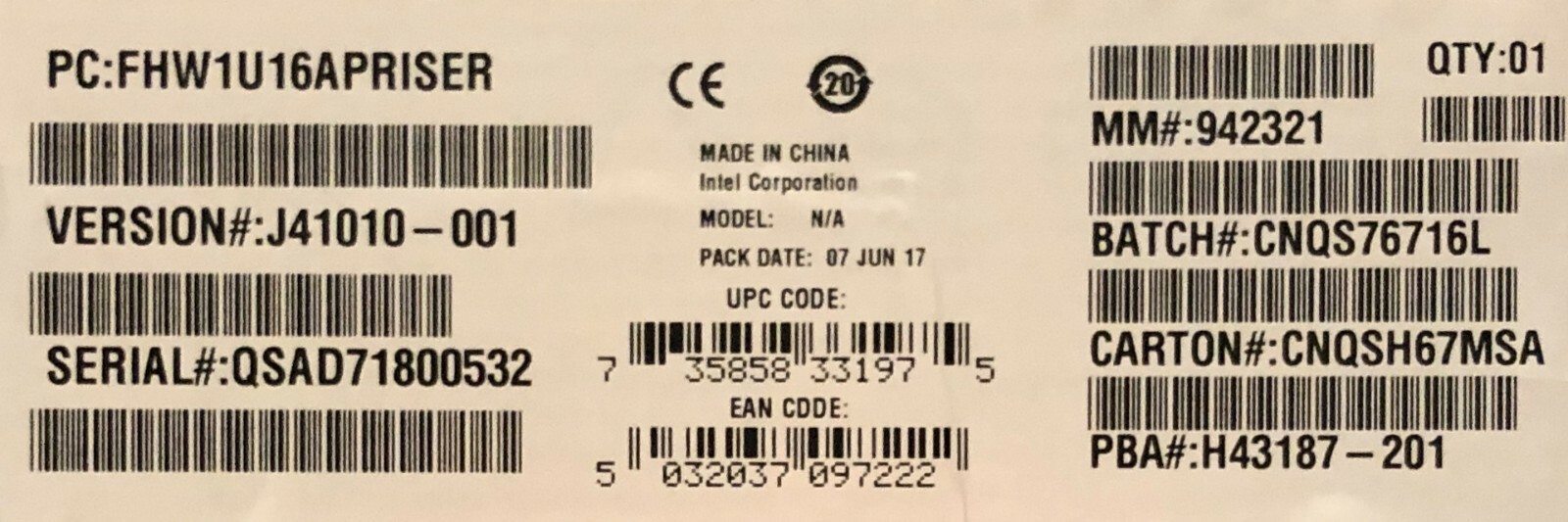 Intel FHW1U16APRISER Slot 1, 1U Spare PCIe Riser NEW