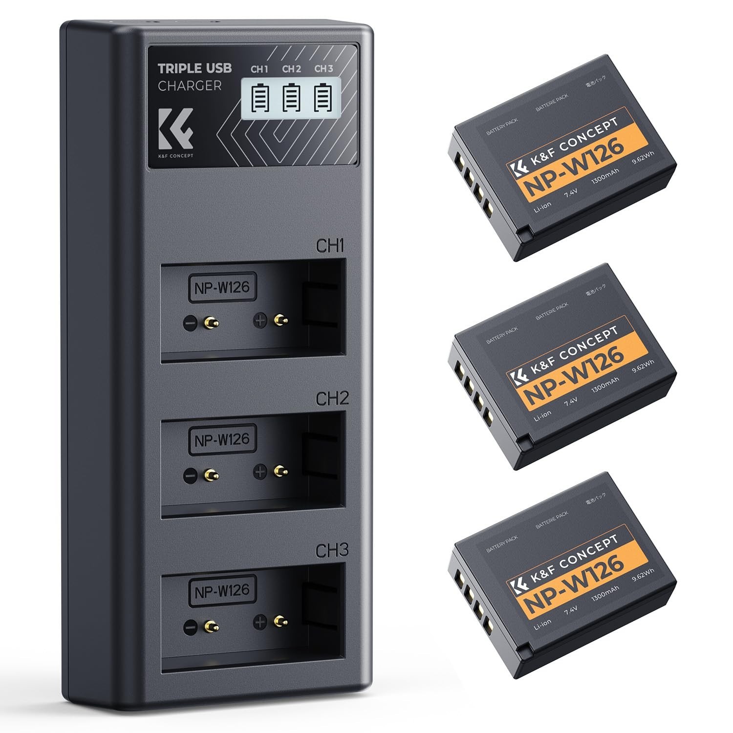 K&F CONCEPT 3-Pack NP-W126 Battery and Upgraded 3-Slot NP-W126S XT30III Batte...
