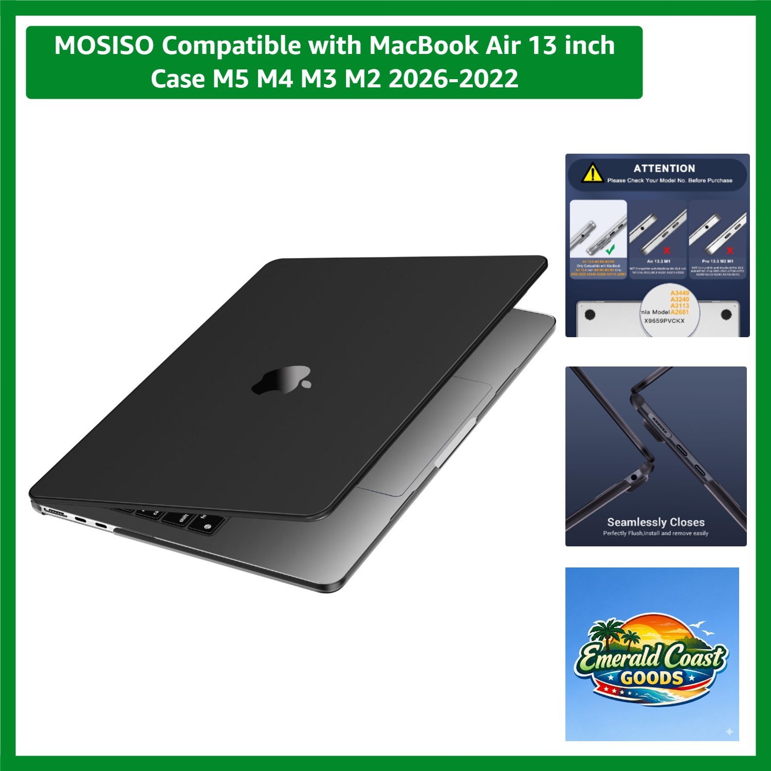 Sleek Hard Shell Case for MacBook Air 13” M5 M4 M3 M2 (2026-2022) - Black Clear