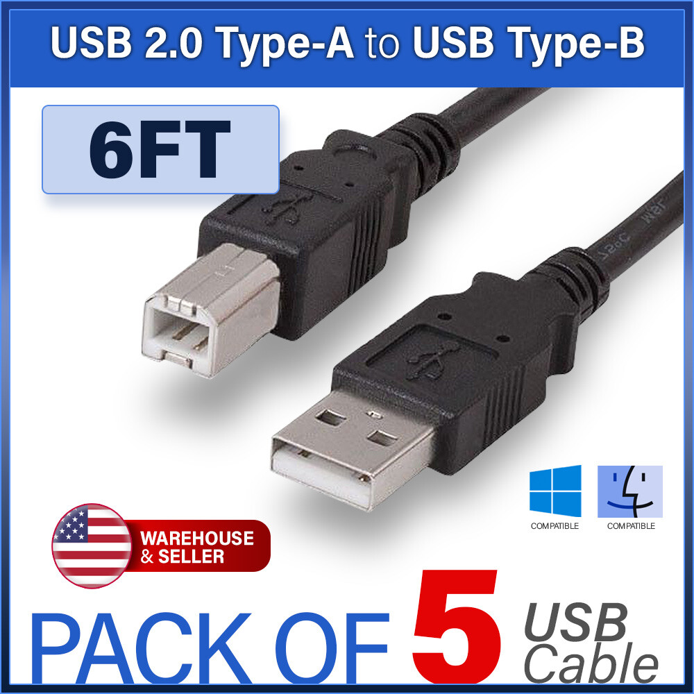 5PCS 6 Ft USB 2.0 Type-A-Male to Type-B Male Printer Cable in Black