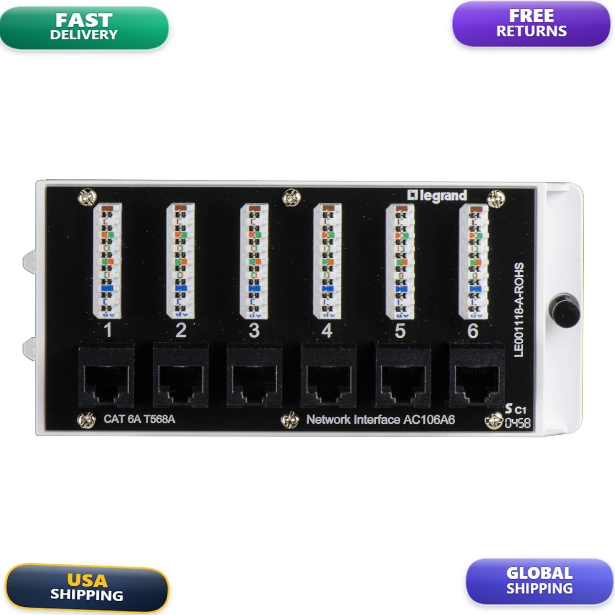 Legrand OnQ Home Theater Patch Panel 6 Port Cat 6A Black AC106A6