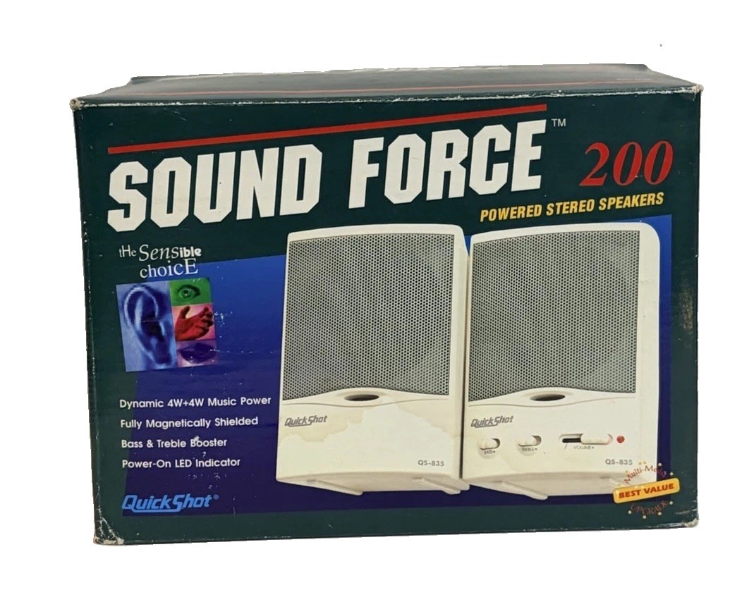 QuickShot Sound Force 200 QS-835 Computer Speakers Vintage 1990s Retro PC - NIB