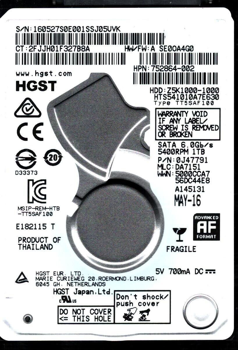 HTS541010A7E630 P/N: 0J47791 MLC: DA7151 THAILAND MAY 2016 HGST 1TB