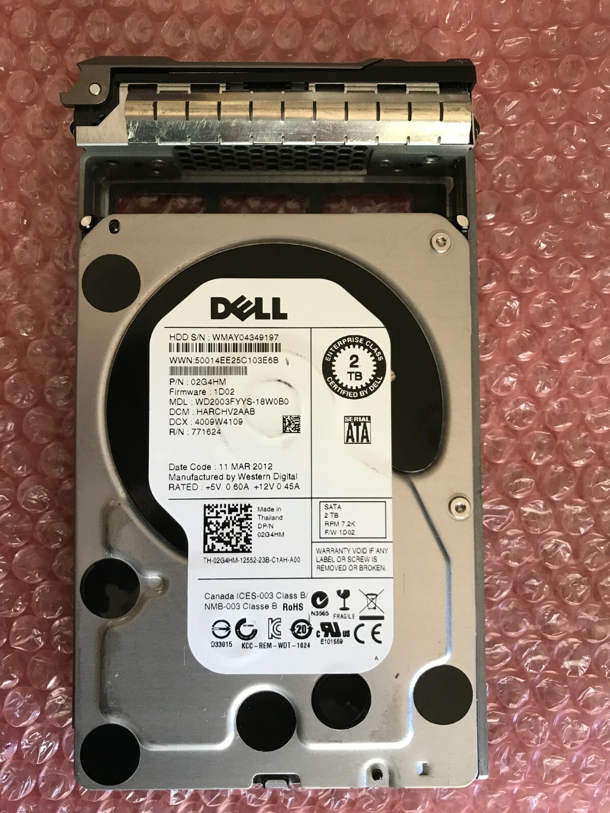 02G4HM DELL WESTERN DIGITAL 2TB HDD 7.2K RPM 3.5" SATA WD2003FYYS-18W0B0 W/ TRAY