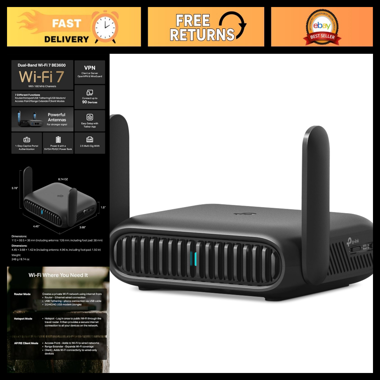 Portable Wi-Fi 7 Travel Router, Dual-Band, 2.5G Port, USB 3.0 - Fast Internet Ac