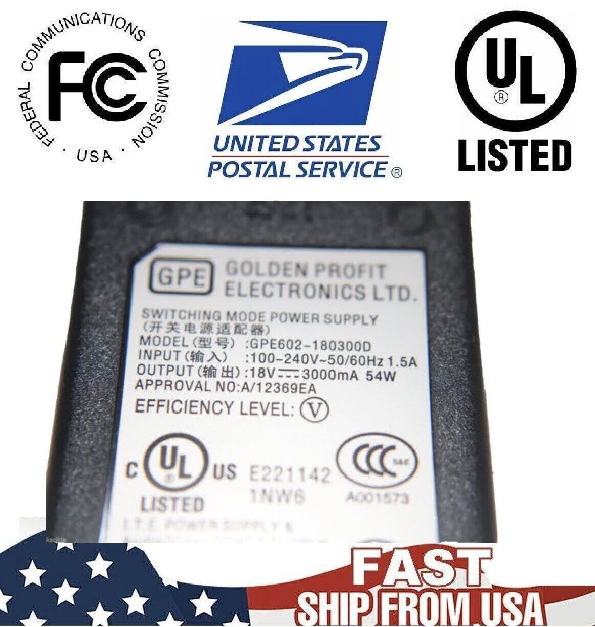 NEW GENUINE GOLDEN PROFIT GPE602-180300D 100/240V OUT:18V 3A FAST USA SHIPPING