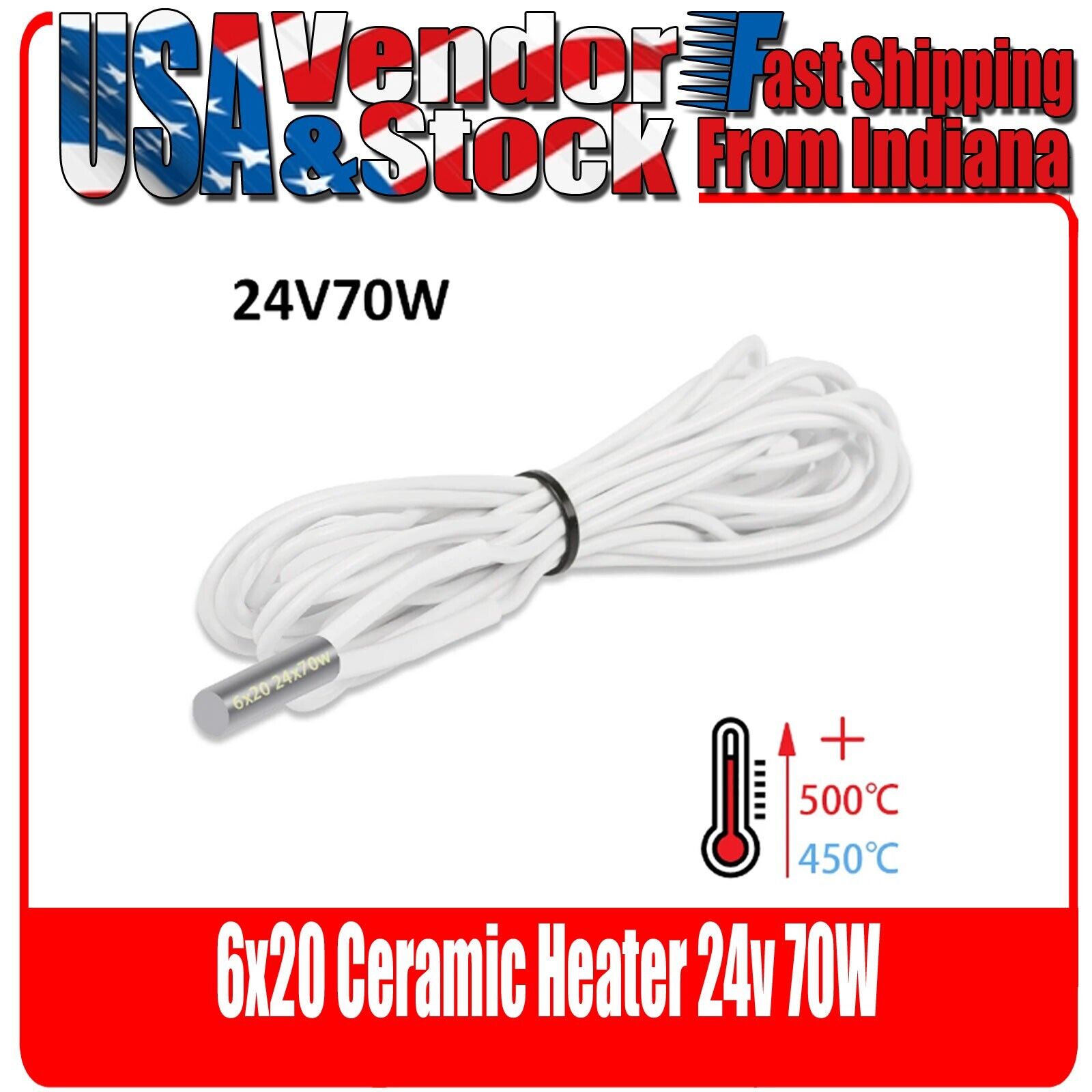 24V 70w Ceramic Heater Cartridge, 620, 1M Cable, Hotend Heating Tube
