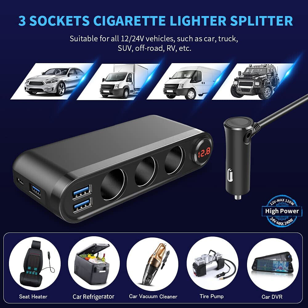 120W 3-Socket Cigarette Lighter Splitter 3-USB Car Charger Outlet Power Adapter