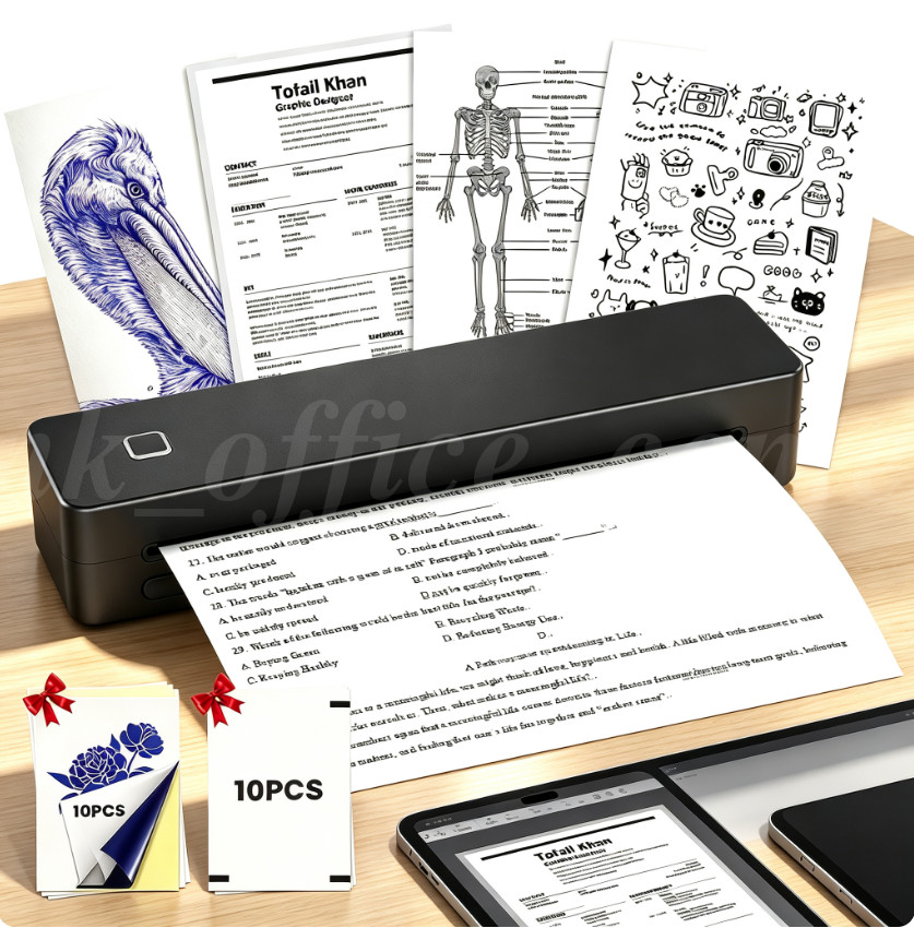 Portable Black Printer for Travel Wireless Bluetooth Mobile Thermal Printers