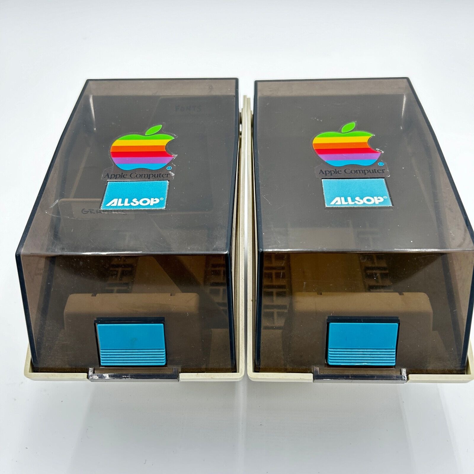 ALLSOP 3.5” Disk Storage Box Case lot of 2 both with vtg apple comp stickers VTG