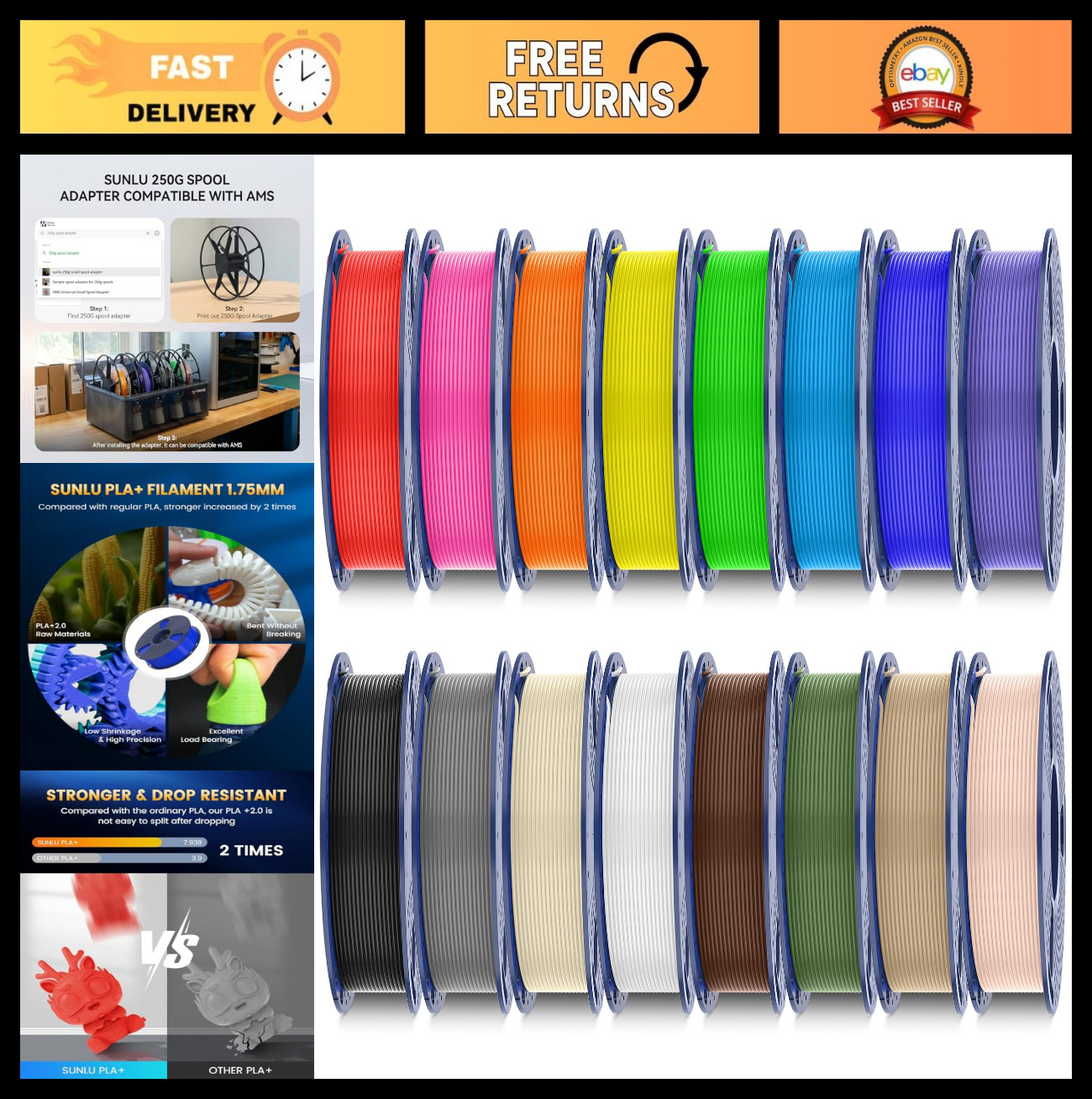 Multicolor 3D Printer Filament Bundle, PLA+ 2.0, 16 Vibrant Colors for Printing