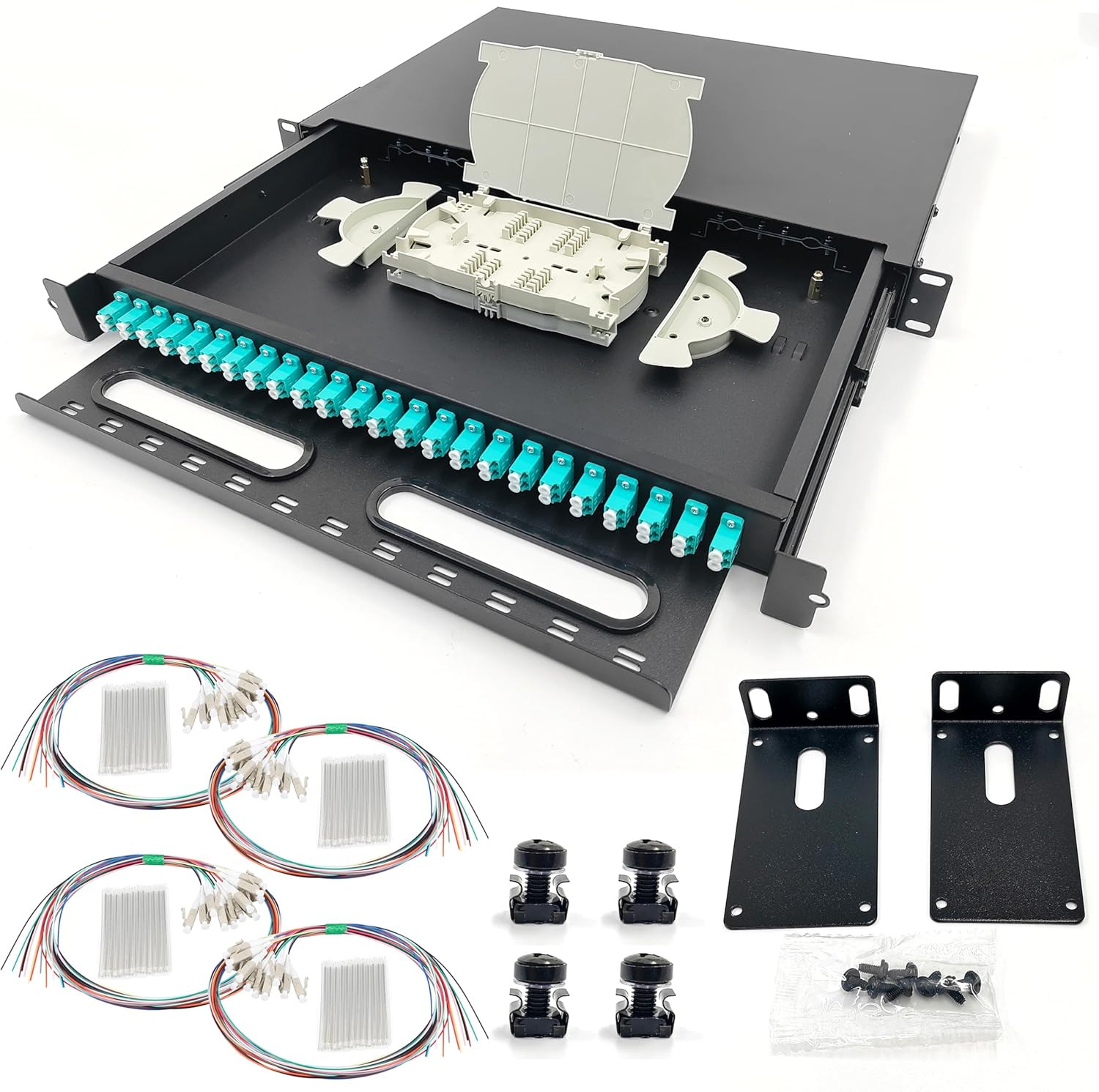 LC-OM3 24 Duplex Multimode 48 Port Rack Mount Enclosure Box with Fiber Splice Tr