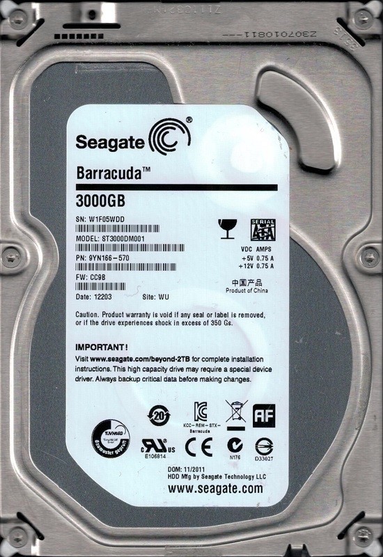 ST3000DM001 Seagate F/W: CC9B P/N: 9YN166-570 WU W1F 3TB