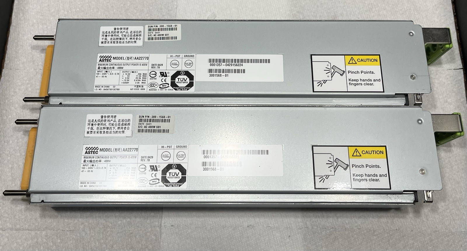 (2)- ASTEC POWER SUPPLY MODEL: AA22770 300-1568-01 400W 100-240V 6.5 2.7A USED