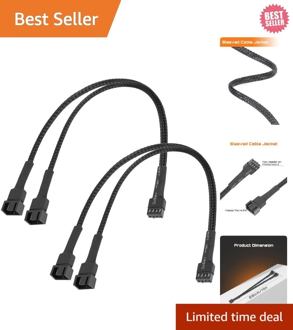 Versatile 4-Pin/3-Pin Fan Splitter Cables for PCs - 28cm, Braided Design, 2 Pack