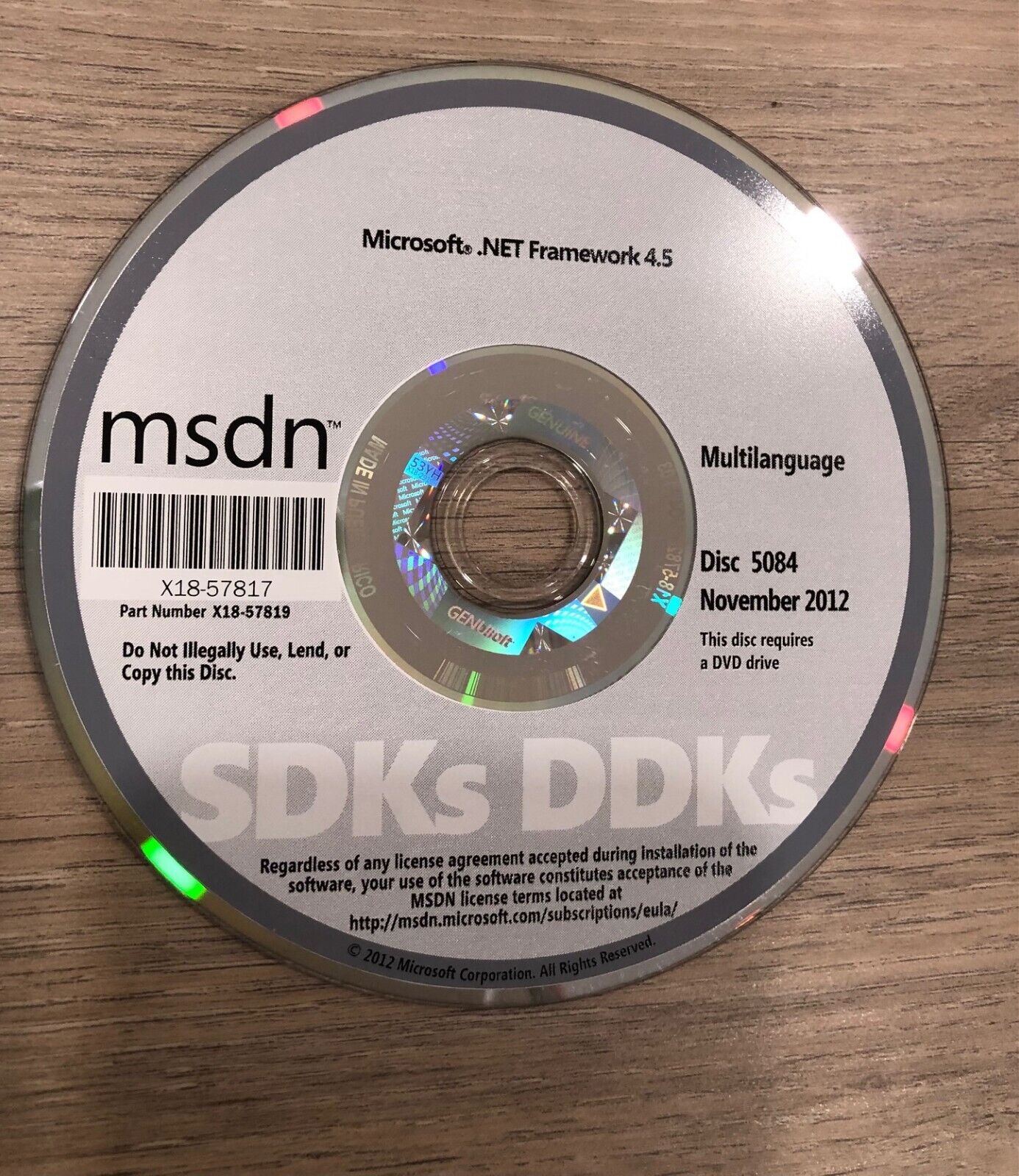 Microsoft Windows .NET Framework 4.5 SDK DDK MSDN CD - Nov 2012 disc 5084