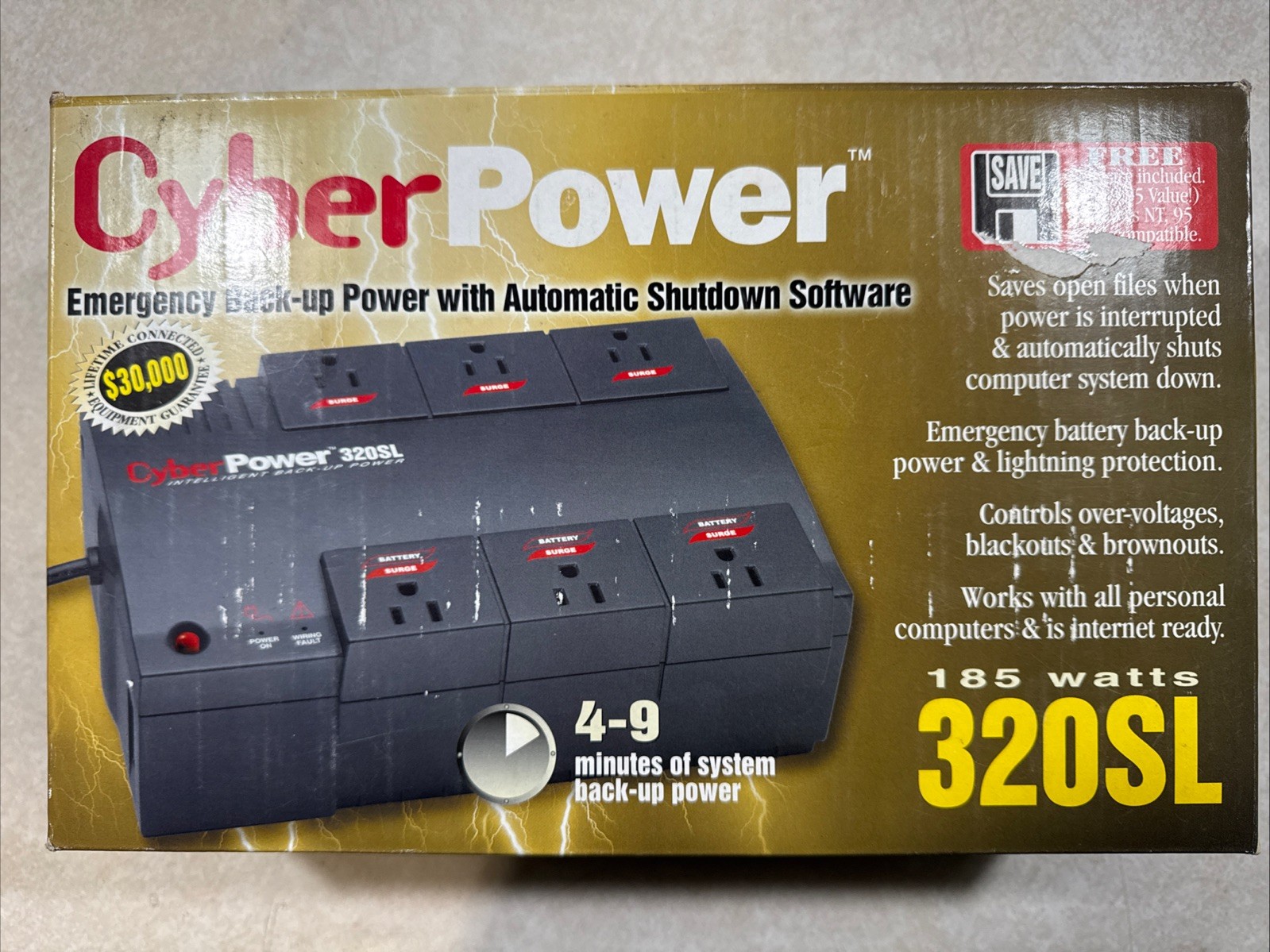 NEW Cyber Power 320SL 185 Watts Emergency AUTOMATIC Backup Shut Off Software