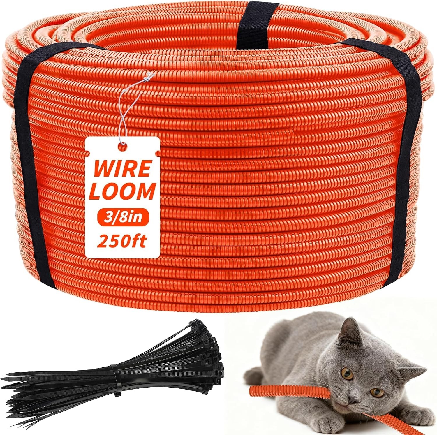 250FT Orange Split Wire Loom Tubing, 3/8 Inch Wire Protector Tubing, Automoti...