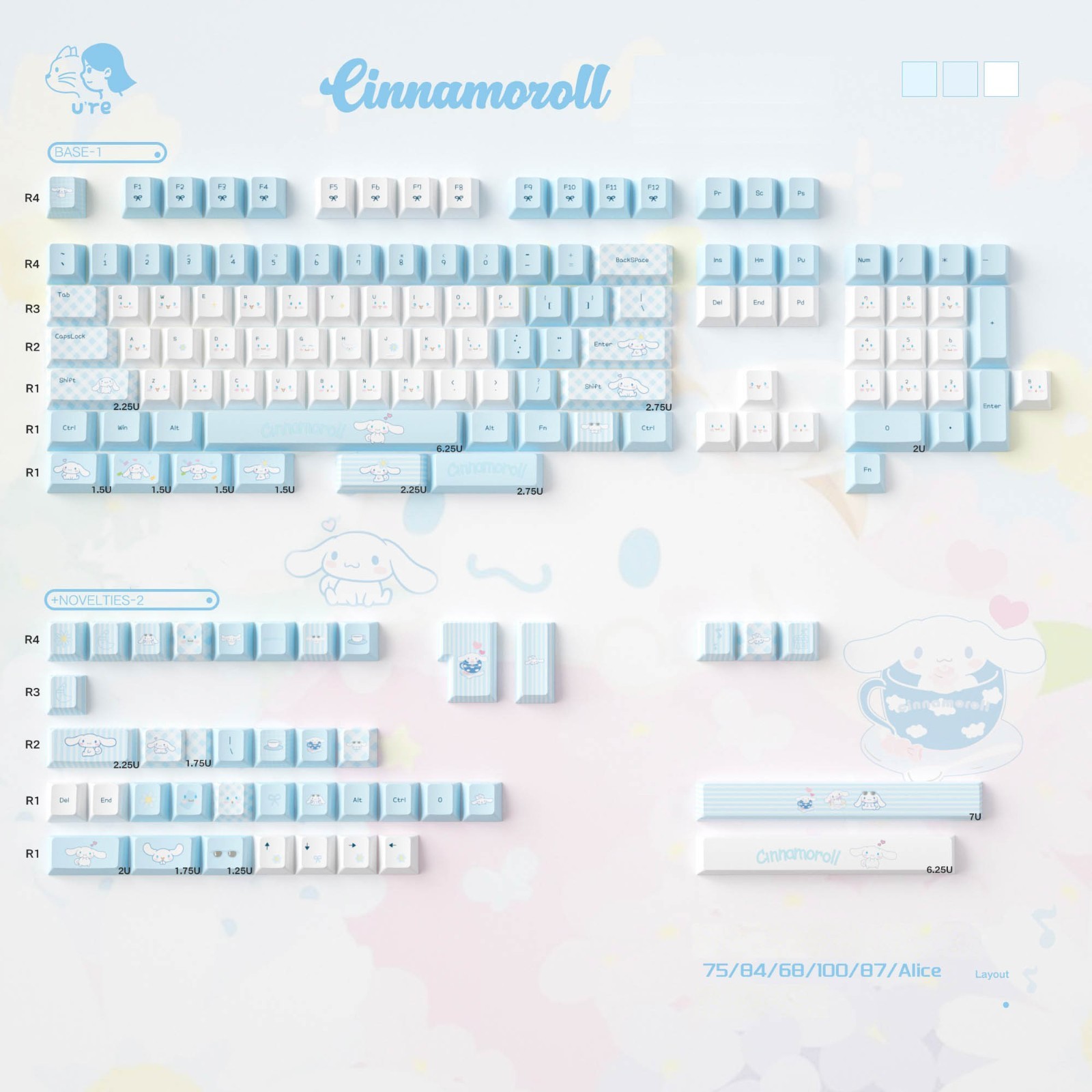 U're Lab Cinnamoroll Keycaps (152Keys, Cherry Profile, Dye-Sub PBT)