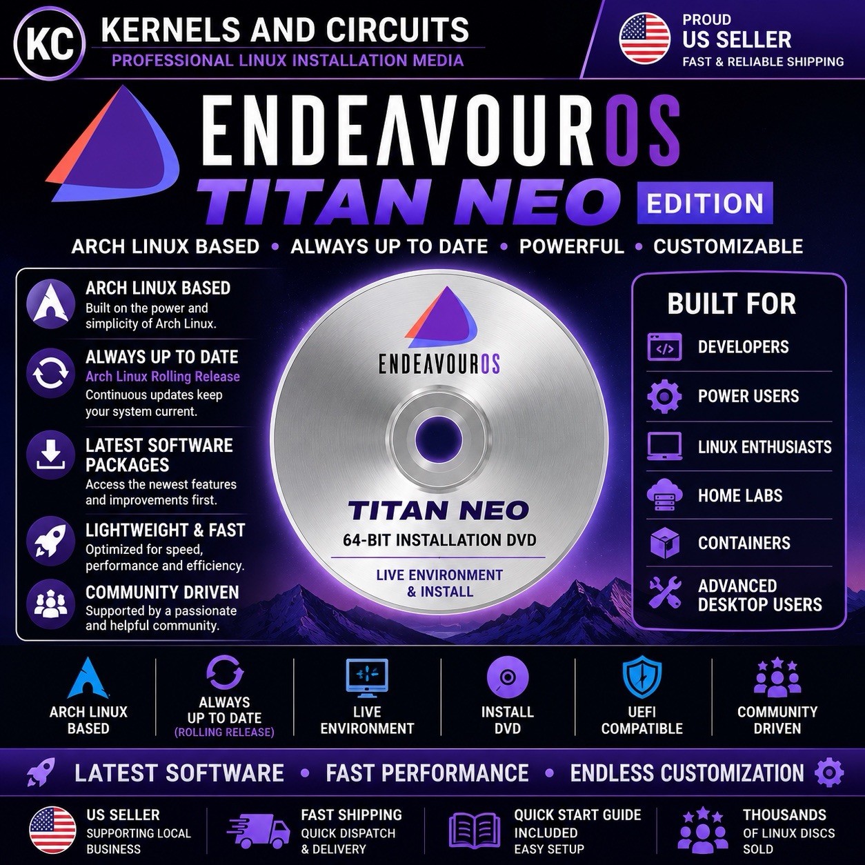 EndeavourOS Titan Neo Arch Linux DVD 64-Bit Rolling Release Install Disc UEFI